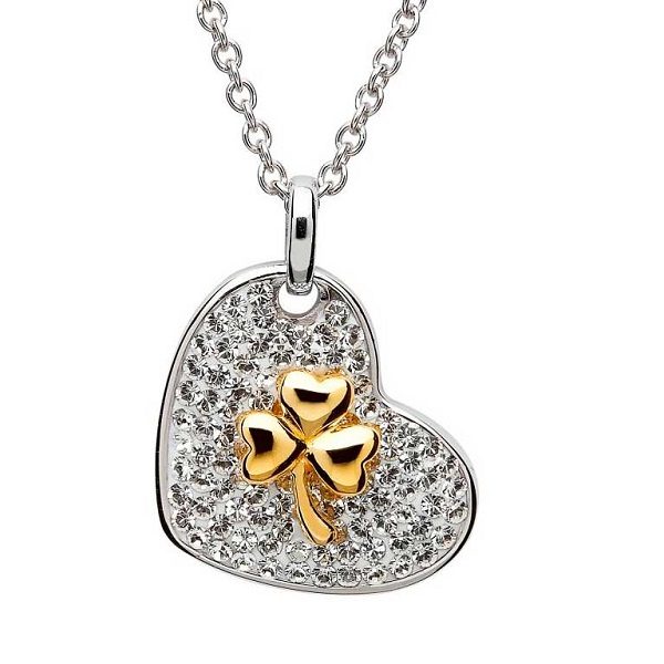 Crystal Heart Necklace with Gold Shamrock