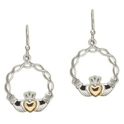 Celtic Wave Claddagh Earrings with Gold Plated Hearts and Sterling Silver Hangs
