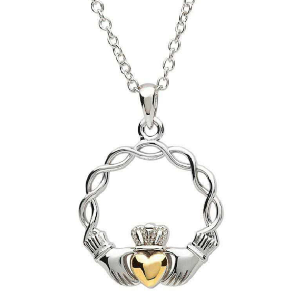 Two Tone Celtic Weave Claddagh Necklace