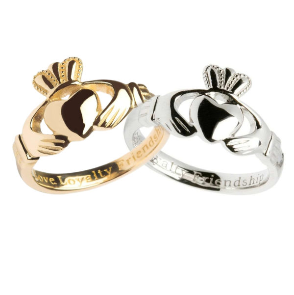 Ladies Claddagh Solid Gold and Sterling Silver Options together