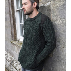 Aran Knit Mens Tweed Sweater Crew with Elbow and Shoulder Patches