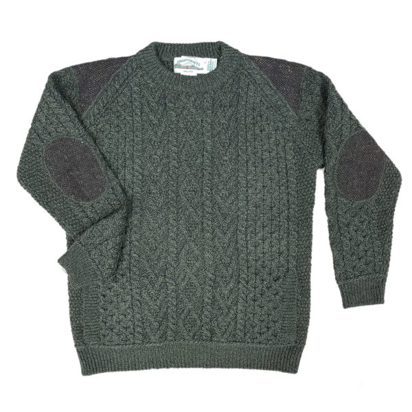 Details of Aran Knit Mens Tweed Sweater Crew with Elbow and Shoulder Patches
