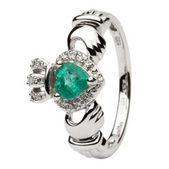 Emerald Diamond White Gold Claddagh with diamonds