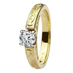 Round Cut Diamond on Gold Solitaire Engagement Ring with claddagh details