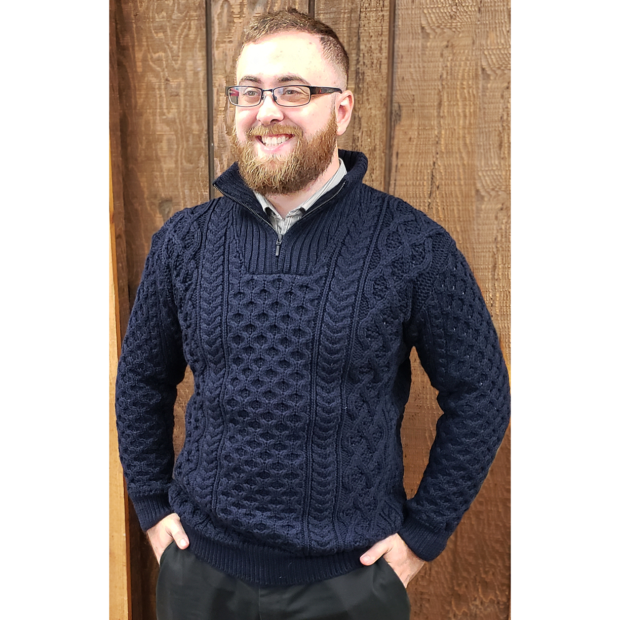 Dromore Aran Troyer Available in Navy, Sizes M - XXL. 100% Merino Wool. Made in Ireland.