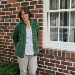 Modeled Green Two-Toned Plaited Celtic Cardigan Generous Fit Cozy Layering