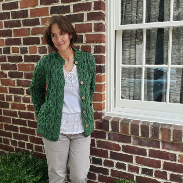 Modeled Green Two-Toned Plaited Celtic Cardigan Generous Fit Cozy Layering