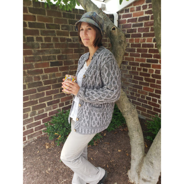 Modeled Grey Gray Two-Toned Plaited Celtic Cardigan Generous Fit Cozy Layering