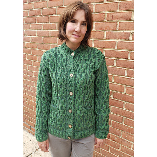 Green Two-Toned Plaited Celtic Cardigan Generous Fit Cozy Layering