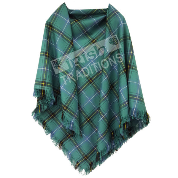 Example Shawl - Versatile Tartan Shawl green white yellow fringe watermarked