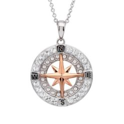 Silver and Rose Gold Compass Pendant Necklace with Sterling Silver and Swarovski Crystals Nautical Jewelry