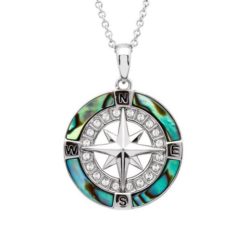 Abalone Shell Compass Pendant Necklace with Sterling Silver and Swarovski Crystals Nautical Jewelry