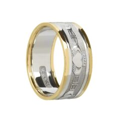 Gents Claddaghs Wedding Band White Gold with Yellow Rails