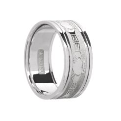 Gents Claddaghs Wedding Band White Gold with White Rails