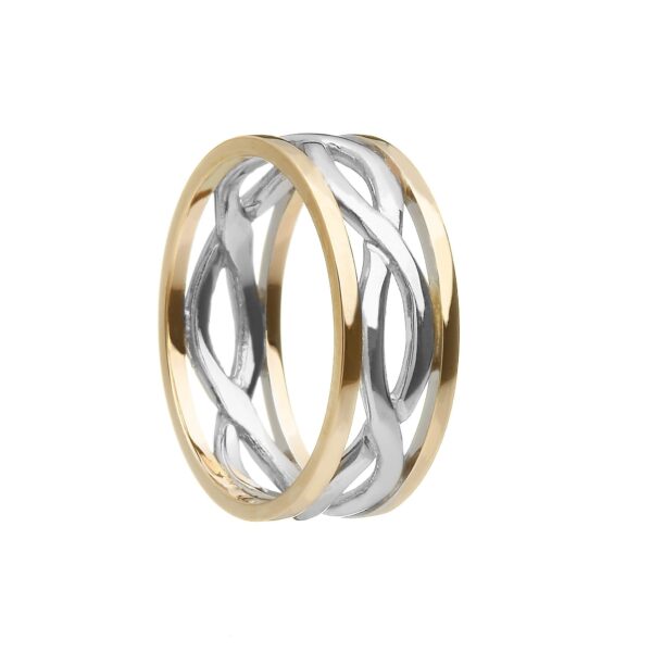 Gents Celtic Infinity Wedding Band White with Yellow Rails