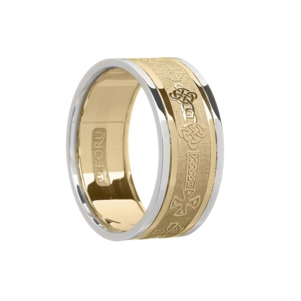 Gents Celtic Cross Wedding Band Yellow with White Rails