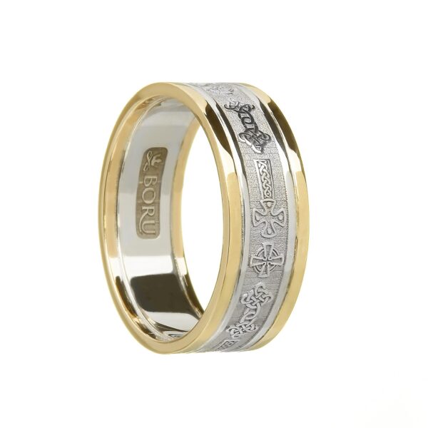 Ladies Celtic Cross Wedding Band White with Yellow Rails