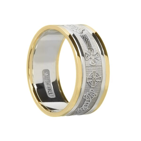 Gents Celtic Cross Wedding Band White with Yellow Rails