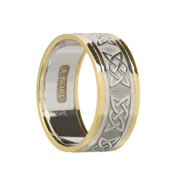 Gents Lovers Knot Wedding Band White with Yellow Rails