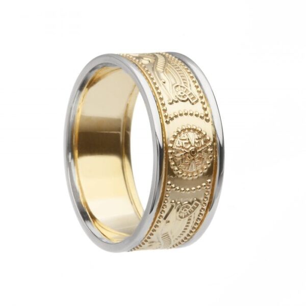 Wide With Rails Yellow Gold White Rails Celtic Warrior Wedding Ring