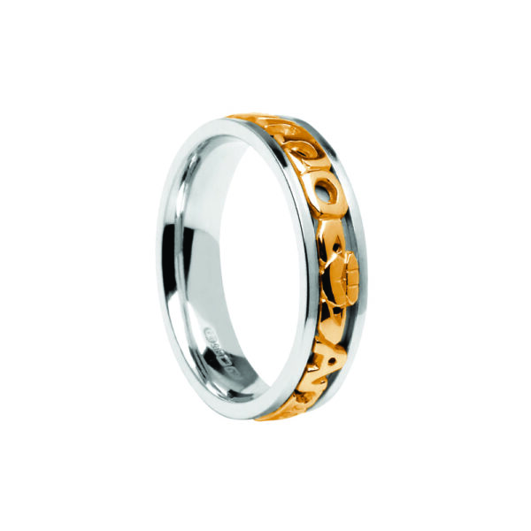 Gents Contemporary Mo Anam Cara Wedding Band White with Yellow Lettering