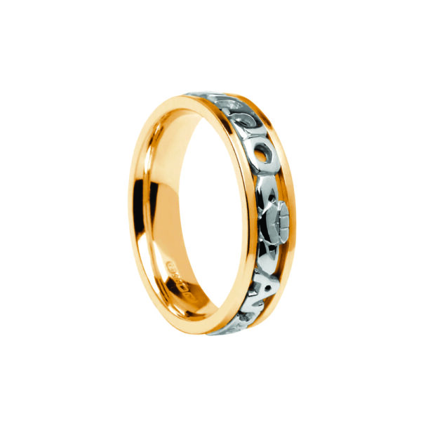 Ladies Contemporary Mo Anam Cara Wedding Band Yellow with White Lettering