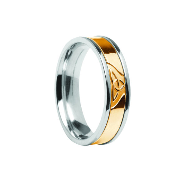 Contemporary Trinity Knot Center Detail Wedding Band White Band with Yellow Center Ring