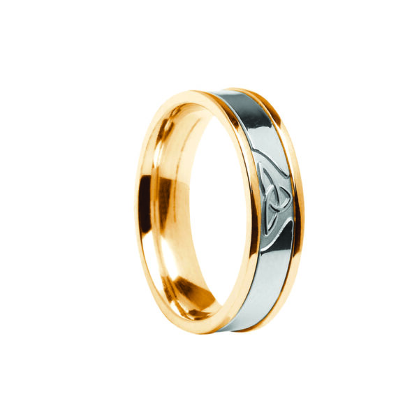 Contemporary Trinity Knot Center Detail Wedding Band Yellow Band with White Center Ring