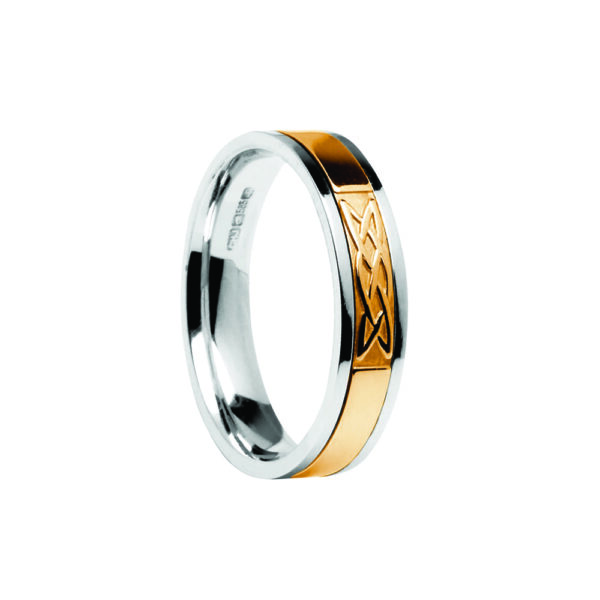 Contemporary Lovers Knot Center Detail Wedding Band White Band with Yellow Center Ring