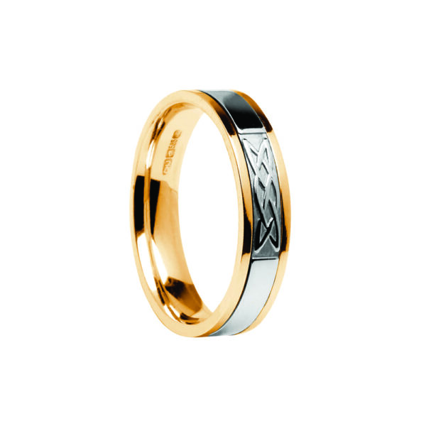 Contemporary Lovers Knot Center Detail Wedding Band Yellow Band with White Center Ring
