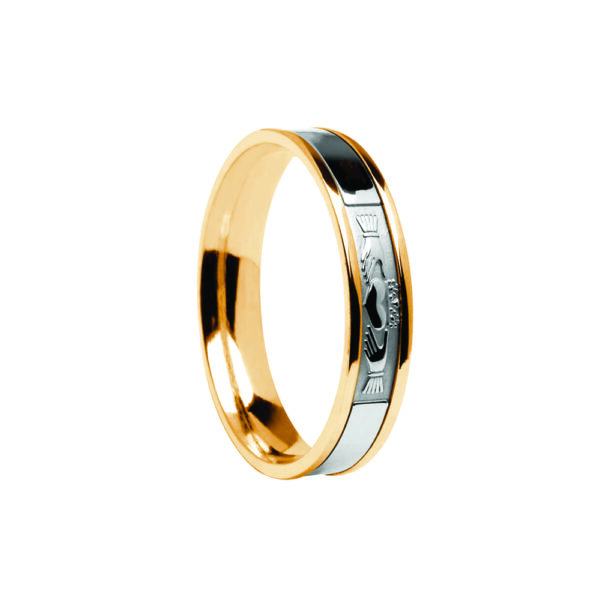 Contemporary Claddagh Center Detail Wedding Band Yellow Band with White Center Ring