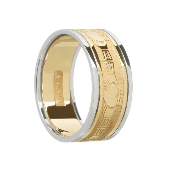Gents Claddaghs Wedding Band Yellow Gold with White Rails