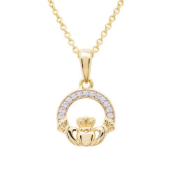 Irish Gold Vermeil Claddagh Necklace with Cubic Zirconias