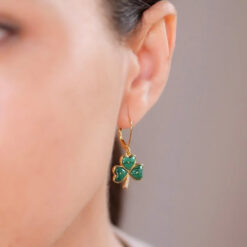 irish gold vermeil shamrock drop earrings with malachite green stones on model