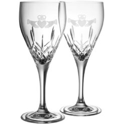 pair of galway crystal white wine glasses with claddaghs etched on them