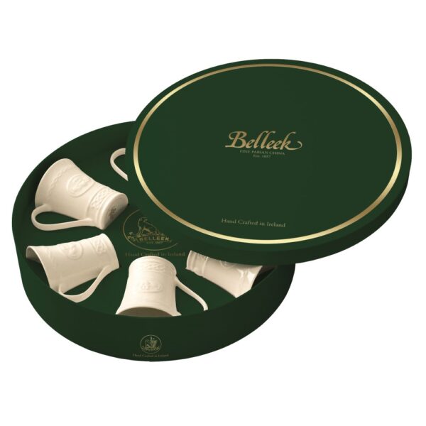 set of 6 Belleek Claddagh Mugs in Green Collectors Hat Box