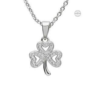 Platinum Plated White Shamrock Pendant with Swarovski Crystals