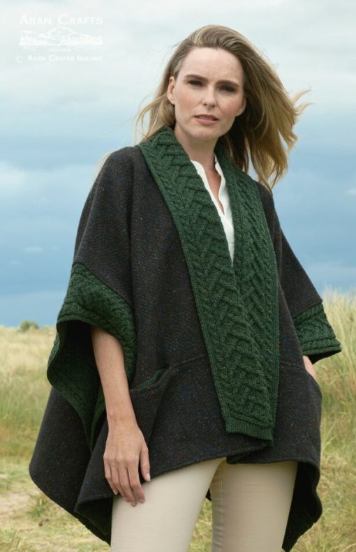 Aran Crafts Ashbourne Irish Tweed Cape, Green Aran Knit
