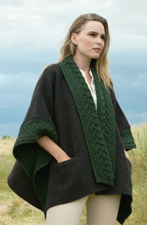 Aran Crafts Ashbourne Irish Tweed Cape, Green Aran Knit - Image 2