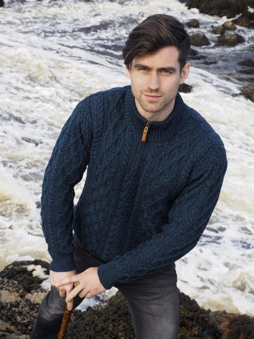 Aran Crafts Donegal Half Zip Aran Sweater, Sherwood - Image 2