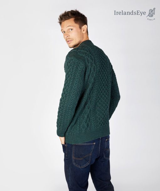 Blasket Honeycomb Stitch Aran Crewneck Irish Sweater, Evergreen - Image 2