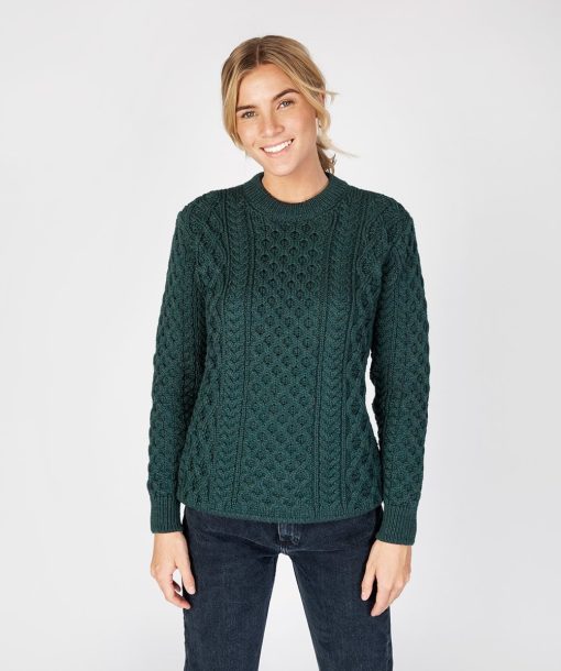 Blasket Honeycomb Stitch Aran Crewneck Irish Sweater, Evergreen - Image 3