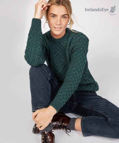 Blasket Honeycomb Stitch Aran Crewneck Irish Sweater, Evergreen - Image 4