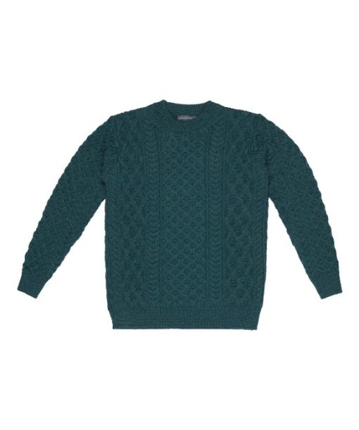 Blasket Honeycomb Stitch Aran Crewneck Irish Sweater, Evergreen - Image 5