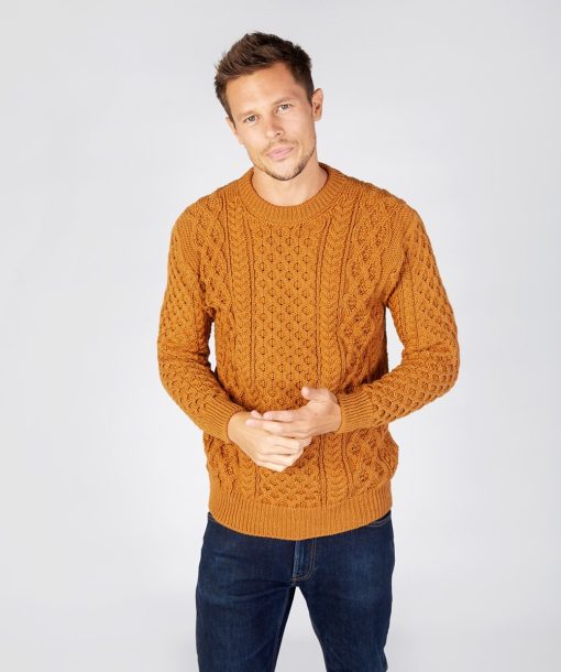 Blasket Honeycomb Stitch Aran Crewneck Irish Sweater, Golden Ochre - Image 3