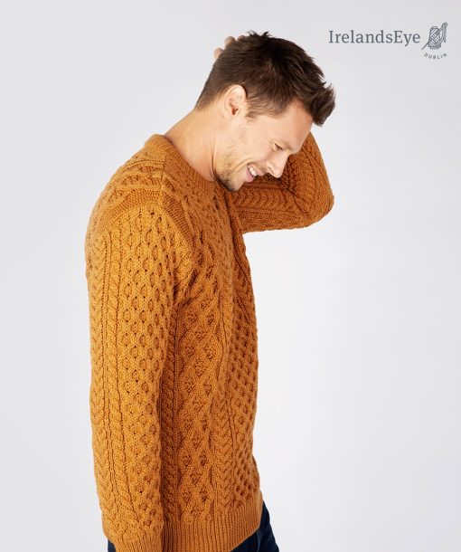Blasket Honeycomb Stitch Aran Crewneck Irish Sweater, Golden Ochre - Image 4