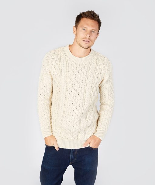 Blasket Honeycomb Stitch Aran Crewneck Irish Sweater, Natural - Image 3