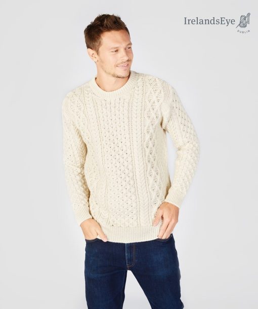 Blasket Honeycomb Stitch Aran Crewneck Irish Sweater, Natural - Image 4