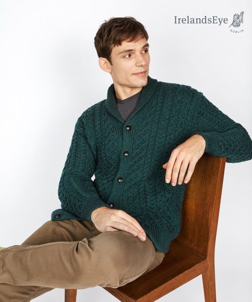 Woodford Aran Irish Cardigan Sweater, Evergreen - Image 2