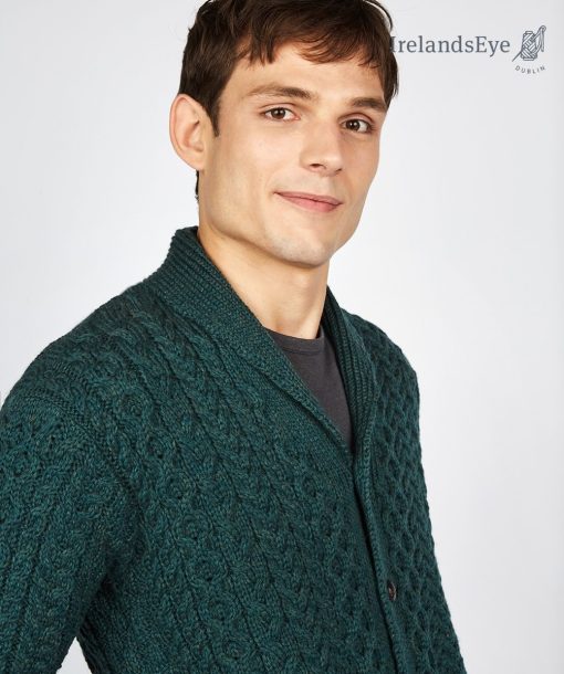 Woodford Aran Irish Cardigan Sweater, Evergreen - Image 3